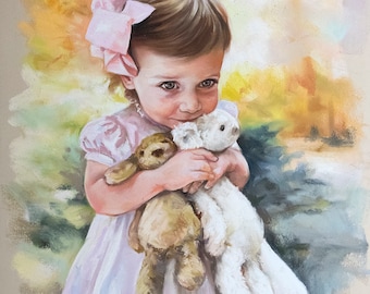 May include: A young girl in a white dress with a pink bow in her hair holds two stuffed animals, a white bunny and a brown bear. The background is a soft, pastel-colored blur.