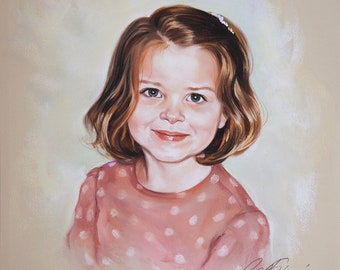 May include: A pastel portrait of a young girl with brown hair wearing a pink polka dot shirt. She is smiling and looking to the left of the frame.