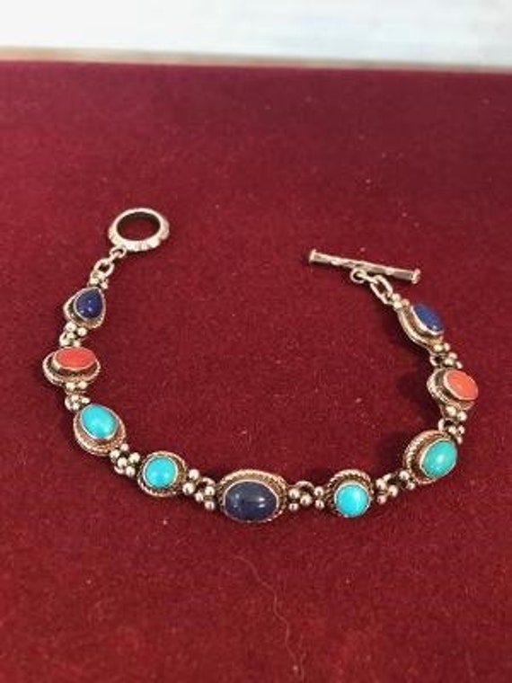 Sterling Silver Lapis, Coral and Turquoise Bracele