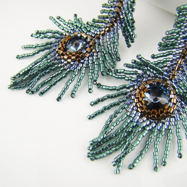 Peacock feather earrings, teal seed bead earrings, denim Swarovski crystal earrings, green seed bead earrings, one of a kind, 7PM boutique