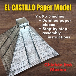 Puede incluir: Un kit de maqueta de papel de El Castillo, una pirámide Maya en Chichén Itzá, México. La maqueta mide 23 x 23 x 13 cm e incluye piezas de papel detalladas e instrucciones de montaje paso a paso.
