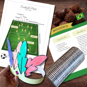 Könnte beinhalten: Eine bunte Papierkrone mit federartigen Formen wird in der Nähe eines Fußballfeld-Diagramms und eines Brigadeiros-Rezepts gehalten. Das Rezept enthält Zutaten wie Butter, Kondensmilch und Kakaopulver. Ein Fußball ist ebenfalls zu sehen.