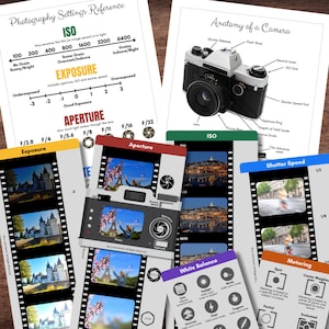 May include: Educational photography reference cards with diagrams and text. Topics include ISO, exposure, aperture, shutter speed, white balance, and metering. A vintage camera is also shown. The cards are on a wooden surface.