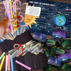 May include: A colorful illustration explaining the science behind the Northern Lights, also known as Aurora Borealis. The illustration shows the sun, solar flares, solar winds, and the Earth's magnetic field. There are also several photos of the Northern Lights in different colors.