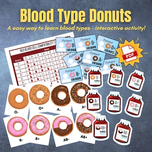 Op de afbeelding: Educatieve print met de titel "Blood Type Donuts" met donut illustraties die bloedgroepen vertegenwoordigen. Bevat een compatibiliteitstabel, patiëntenkaarten en bloedzakgraphics. De tekst luidt "A easy way to learn blood types - interactive activity!"