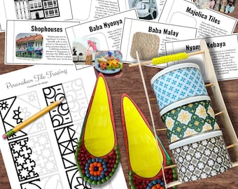 ASIA Estudio Peranakan Libro animado de los pueblos de Singapur, contenedor Tiffin, Kasut Manek