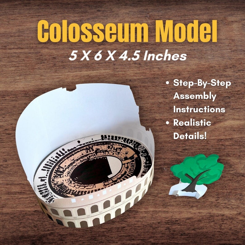 May include: A paper model kit of the Colosseum, a Roman amphitheater, with realistic details. The model is 5 inches wide, 6 inches long, and 4.5 inches tall. The kit includes step-by-step assembly instructions.