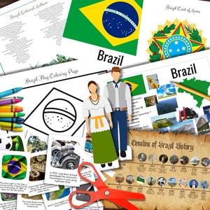 Von Montessori inspiriertes BRASILIEN-Infoposter, Geschichtszeitleiste, Wissenswertes und Flagge