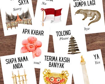 Tarjetas de vocabulario ilustradas a todo color para aprender ocho frases del idioma indonesio (idioma asiático).
