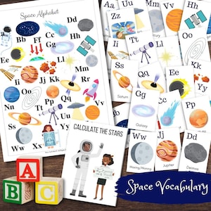 ESPACIO Alfabeto Tarjetas Flash ABC y Póster / Mini Libro / Vocabulario Ortografía Carta Asociación
