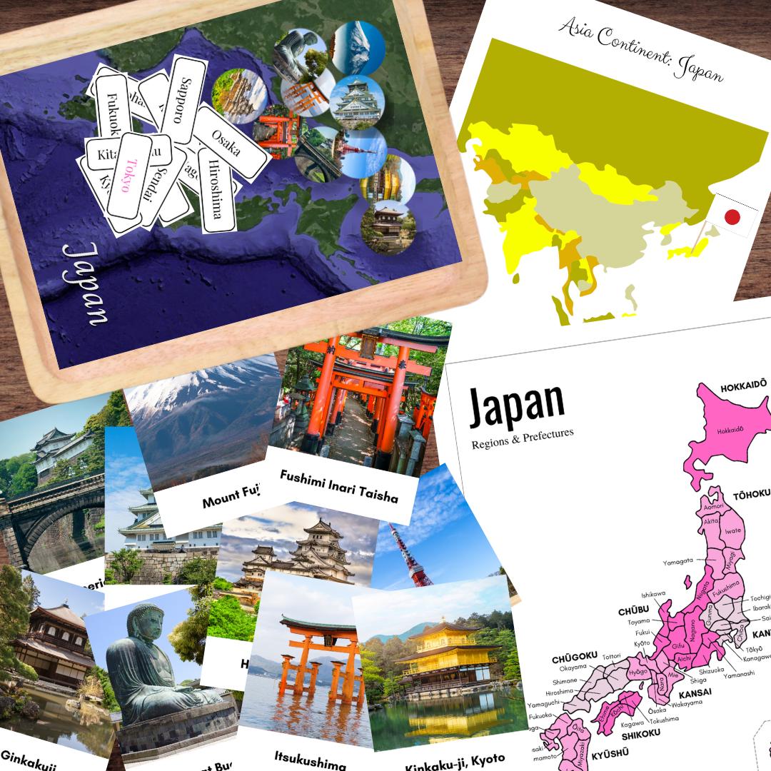JAPAN Asia Geography Landmark 3-Part Cards City Prefecture Map Continent Pinning
