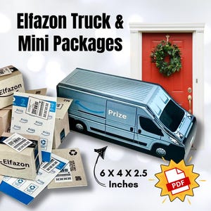 Modèle 3D de camion de livraison ELFAZON avec mini-emballages Boîtes, sacs postaux et étiquettes + support de porte | Kit de scènes de lutin des Fêtes