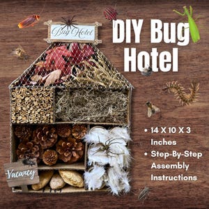 May include: A DIY bug hotel made of cardboard, featuring various compartments filled with natural materials like pinecones, twigs, and leaves. The sign reads "Bug Hotel" and "Vacancy". Dimensions are 14 x 10 x 3 inches. Includes step-by-step assembly instructions.