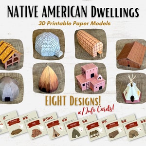 Può includere: Otto modelli di abitazioni indiane americane stampabili su carta, tra cui un igloo, una casa lunga, un teepee e un pueblo. Ogni modello è fornito con una scheda informativa.