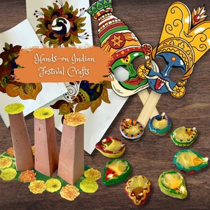 Könnte beinhalten: Eine Auswahl an indischen Festival-Bastelarbeiten, darunter farbenfrohe Masken, bemalte Kunstwerke und dekorative Kerzen. Das Bild zeigt den Text "Hands-on Indian Festival Crafts" in einem orangefarbenen Banner.
