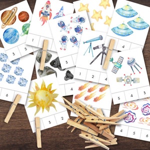 Números de tarjetas de clip para contar con temática SPACE inspiradas en Montessori