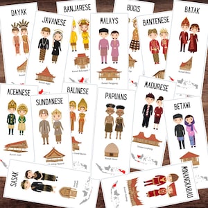 May include: A set of illustrated bookmarks depicting traditional Indonesian cultural attire and architecture. Each bookmark shows a different ethnic group's name, including Dayak, Javanese, and Balinese, with illustrations of their traditional clothing and homes.