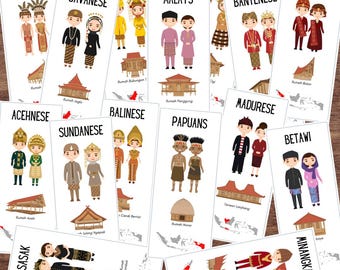 Tarjetas ilustradas de grupos étnicos de INDONESIA / Vestimenta tradicional, casas y poblaciones