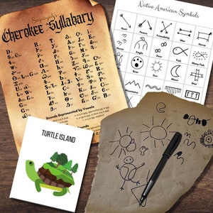 May include: A vintage-style illustration of a turtle carrying a small island with trees on top. The image is surrounded by a brown wooden surface and a sheet of paper with the text "Sequoyah's Cherokee Syllabary" and a chart of Native American symbols.