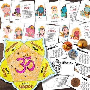 Estudo de religião HINDU - Flipbook, cartões de informações sobre divindades, artesanato de temas, calendário