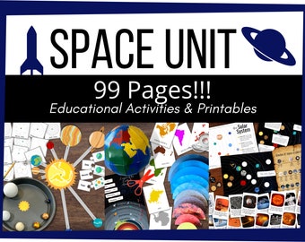 May include: A colourful image of a space unit with 99 pages of educational activities and printables. The image includes a rocket, a planet, a globe, and various other space-themed items.