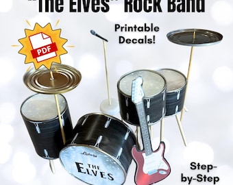 Kit de accesorios para elfos navideños con batería de banda de rock de elfos de lata con instrucciones de montaje paso a paso.