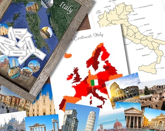 Italy Italian Europe Geography Landmarks, Regions, Cities Map Continent Pinning Mini-Study Bundle
