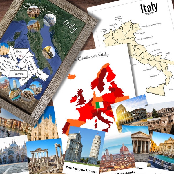 Italy Italian Europe Geography Landmarks, Regions, Cities Map Continent Pinning Mini-Study Bundle