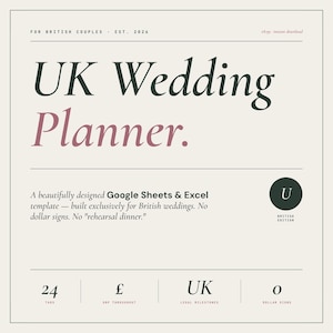 May include: A digital wedding planner template for British couples. The design features the text "UK Wedding Planner" in dark green and mauve. Includes 24 tabs, GBP throughout, UK legal milestones, and no dollar signs.