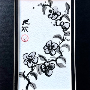 Modern Chinese Art: Asian Artwork-ORIGINAL PAINTING-&quot;Plum Blossom Delight&quot;- Ready-To-Frame 5&quot; x 7&quot; Black Double Matted-Flowers-Trees-Gift