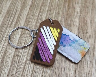 Puede incluir: Un llavero de cuero marrón con un anillo plateado. Un lado presenta un diseño a rayas morado, blanco y amarillo, mientras que el otro lado tiene un diseño similar a la acuarela con colores azul, morado y amarillo.