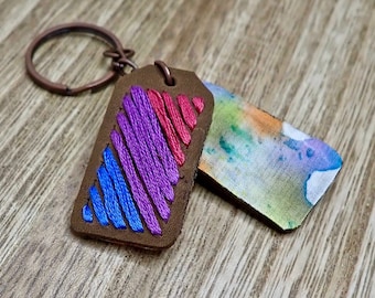 Bi Pride Flag Embroidered Leather Keychains, Bisexual Pride, LGBTQIA+ Accessories, Gifts Under 20, Gender Neutral Accessories