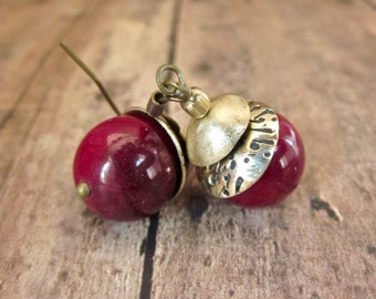 Cherry Red Agate and Hammered Brass Earrings, Textured Brass Domed Drop Earrings, Gift for Her, Rustic, Earthy Earrings
