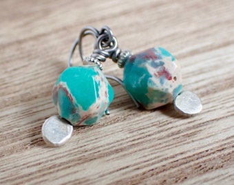 Blue Imperial Jasper Earrings, Silver Hammered Earrings, Faceted Dyed Gemstone, Chunky Gemstone, Gift for Her, Funky Statement Earrings