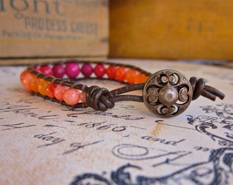 Rainbow Sherbert Ombre Bracelet, Orange, Red, Magenta, Handmade Beaded Cuff Bracelet, Gift for Her, Gradient Beaded Bracelet