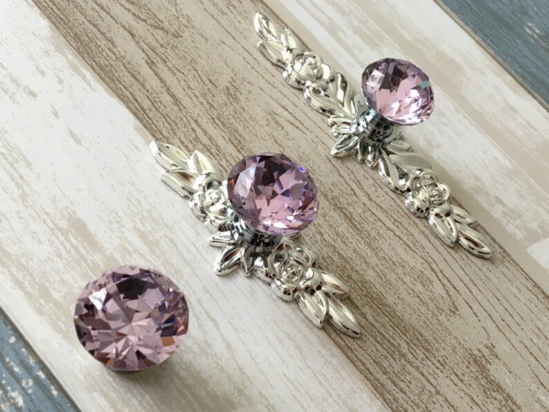 Pink Knob Glass Drawer Pull Crystal Handle Pull Knobs Rhinestone Dresser Pulls Handles Silver Back Plate Cabinet Handle Lynns Graceland