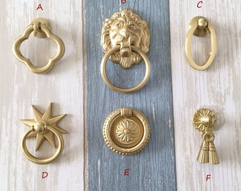 Brushed Brass Lion Head Ring Pulls Victorian Drop Drawer Pull Gold Cabinet Door Knob Pendant Handle Mid Century MCM Retro Kitchen Hardware