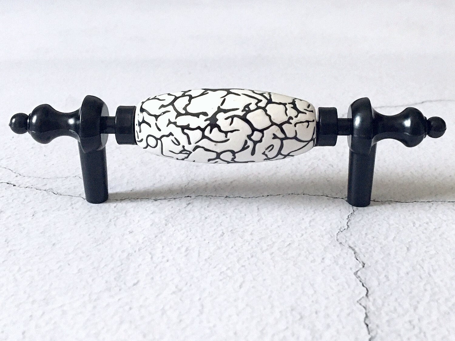 3 Ceramic Pull Handles Black White Crackle Etsy