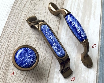 3 3/4" Drawer Pulls Knob Dresser Handles Ceramic Blue White Gold Bronze Kitchen Cabinet Door Handle Porcelain Hardware 96 mm Lynns Graceland