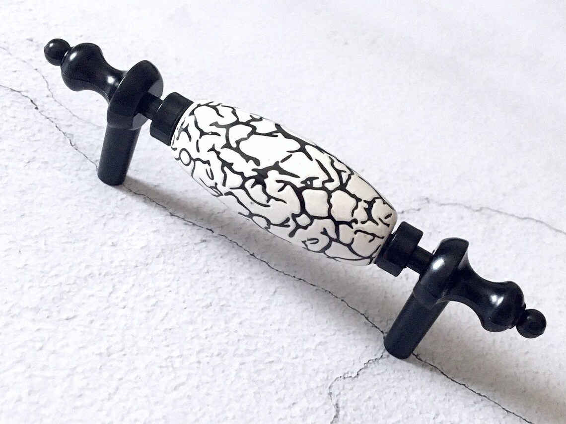 3 Ceramic Pull Handles Black White Crackle Etsy