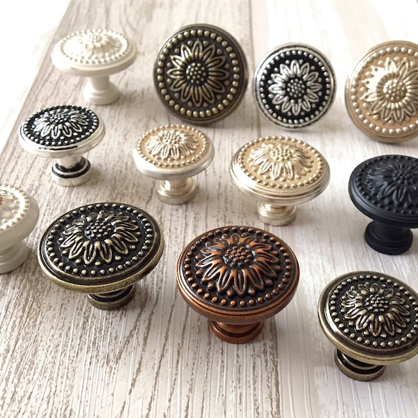 Floral Knobs Shabby Chic Flower Drawer Knob Pull Cabinet Knob Pulls Dresser Knobs Antique Silver Black Bronze Cream White Gold Copper Retro