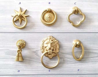 Brass Decorative Drop Drawer Pull Brushed Gold Dresser Knobs Pendant Cabinet Handles Tassel Lion Oval Ring MCM Mid Century Kitchen Hardware