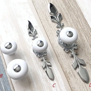 White Silver Knob Cabinet Knobs Pulls Handles Drawer Pull Handles Dresser Pulls Porcelain Chrome Cabinet Pulls Back Plate Lynns Graceland