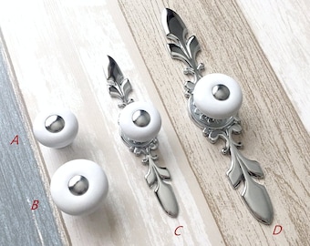 White Silver Knob Cabinet Knobs Pulls Handles Drawer Pull Handles Dresser Pulls Porcelain Chrome Cabinet Pulls Back Plate Lynns Graceland