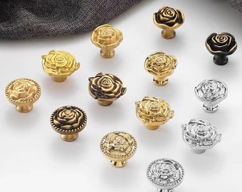 Elegant Floral Solid Brass Cabinet Knobs Rose Bloom Dresser Drawer Pulls Romantic Handles Gold Chrome Bronze Retro MCM Kitchen Hardware