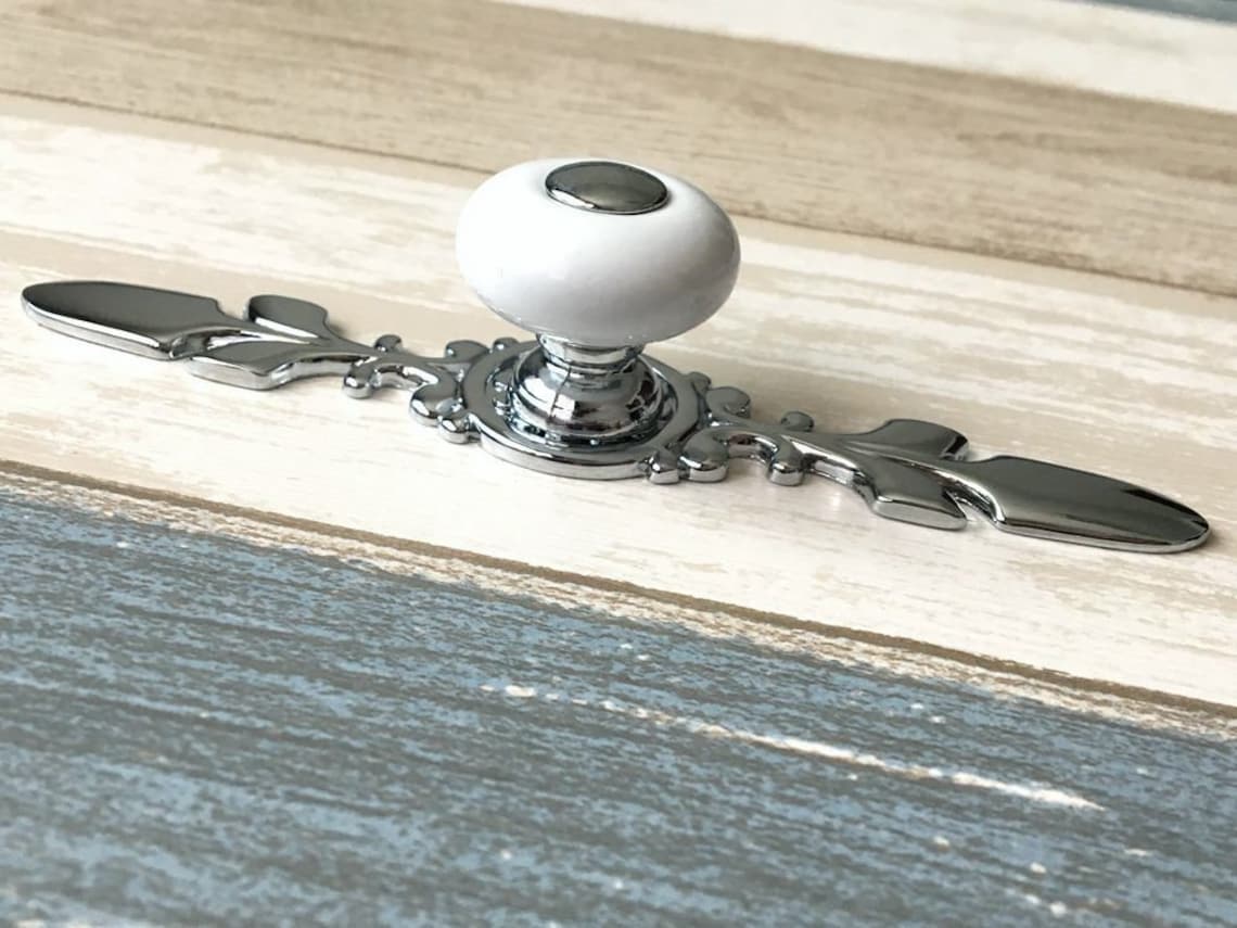 White Silver Knob Knobs Pulls Handles Drawer Pull Etsy