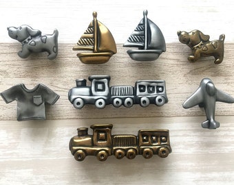 Elephant Dog Plane Boat Train Drawer Knob Pull Cabinet Knob Pulls Kids Dresser Knobs Brushed Nickel Steel Gray Anitque Gold Brass Hardware