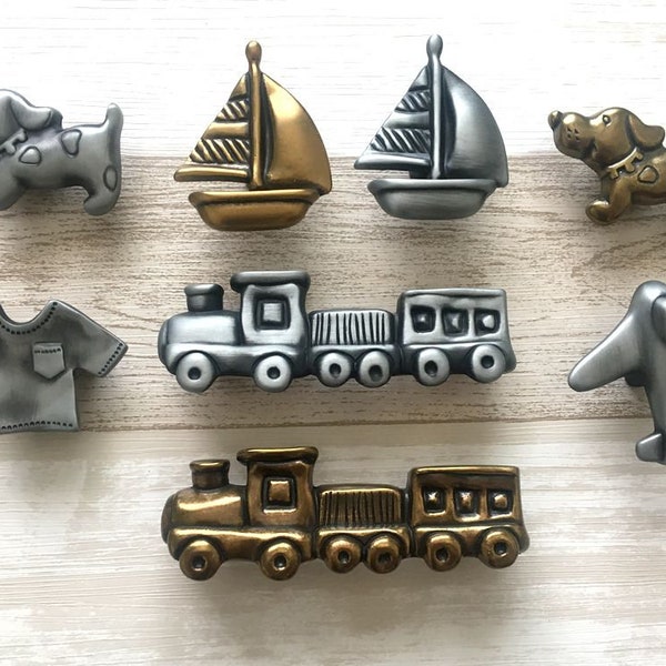 Elephant Dog Plane Boat Train Drawer Knob Pull Cabinet Knob Pulls Kids Dresser Knobs Brushed Nickel Steel Gray Anitque Gold Brass Hardware