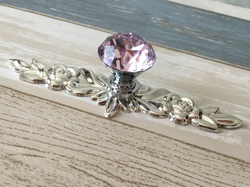 Pink Knob Glass Drawer Pull Crystal Handle Pull Knobs Rhinestone Dresser Pulls Handles Silver Back Plate Cabinet Handle Lynns Graceland