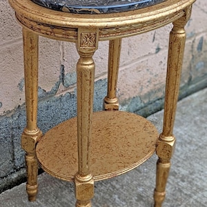 Vintage Antique Old Reclaimed Salvaged Oval Hollywood Regency Marble Top Solid Wood 2 Tier End Side Accent Sofa Lamp Table Plant Nightstand